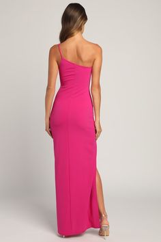 Magenta Maxi Dress - One-Shoulder Dress - Sultry Maxi Gown - Lulus One-shoulder Elastane Dress For Date Night, One Shoulder Elastane Dress For Night Out, Chic Off-shoulder Dresses With Side Slits, One Shoulder Fitted Bodycon Dress For Gala, One-shoulder Fitted Bodycon Dress For Gala, Fitted One-shoulder Bodycon Dress For Gala, Fitted Bodycon Dress With Asymmetrical Neckline For Prom, One Shoulder Elastane Midi Dress For Party, One-shoulder Elastane Midi Dress For Party