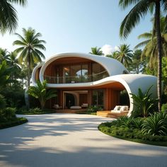 a modern house surrounded by palm trees and greenery