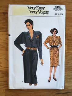 Pattern Number: Vogue 9368 Description: Misses' Dress. Semi-fitted, straight or slightly flared, double breasted dress, below mid knee or above ankle, has notched collar, extended shoulders, shoulder pads, and above elbow sleeves with bands or long sleeves. A: mock welt, purchased belt. Out of Print Sewing Pattern Date: 1980s (1987) Size: 8-10-12 Bust: 31 1/2 - 32 1/2 - 34 Waist: 24 - 25 - 26 1/2 *see photos for measurements, yardage and notions* Cut/Uncut: Uncut and Factory Folded *see photos f Vogue Dress Patterns, Double Breasted Dress, Women's Sewing Pattern, Vintage Dress 80s, Vogue Dress, Vogue Sewing Patterns, Power Dressing, Vogue Patterns, Blouson Dress