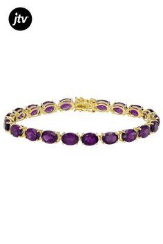 22.10ctw Oval African Amethyst 18k Yellow Gold Over Sterling Silver Bracelet. Measures approximately .24"W. Box Clasp. Double Safety Closure. Sterling Silver Clasp Has Stainless Steel Tongue For Durability. Box Clasp, Sterling Silver Bracelet, Purple Amethyst, Sterling Silver Bracelets, Silver Bracelet, 18k Gold, Amethyst, Yellow Gold, Bracelet