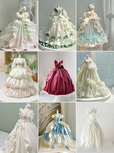 many different types of wedding dresses on display