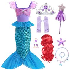 the little mermaid costume is set up with accessories