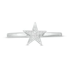 She'll love the simply stellar style of this dreamy diamond accent ring. Crafted in sterling silver, this spirited choice showcases a sculpted star shimmering with diamond accents. Polished to a bright shine, this design is an irresistible eye-catcher. This ring is available in select sizes only. Sterling silver rings cannot be resized after purchase. Silver Star-shaped Diamond Ring Gift, Star-shaped Diamond Ring With Single Cut Diamonds, Star-shaped Diamond Anniversary Ring, Silver Star-shaped Jewelry With Single Cut Diamonds, Star-shaped Diamond Ring With Single Diamond For Anniversary, Sterling Silver Star-shaped Diamond Ring For Anniversary, Celestial Star-shaped Diamond Ring With Single Cut Diamonds, Celestial Star-shaped Diamond Ring, Sterling Silver Star-shaped Diamond Promise Ring