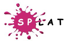 the splat logo is pink and has black letters that spell out splats