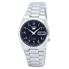 Stainless steel case, Stainless steel bracelet, Black dial, Automatic movement, Scratch resistant mineral, Water resistant up to 3 ATM - 30 meters - 100 feet Size:  m .  Color: Metal Type.  Gender: unisex.  Age Group: adult. Arabic Watch, Marker Stain, Womens Designer Watches, Seiko 5 Automatic, Seiko Watch, Seiko 5, Unisex Watches, Seiko Watches, Casio Watch