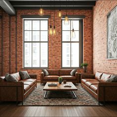 A stylish industrial loft showcasing exposed brick walls, metal-framed windows, and leather furniture. Incorporate modern surrealism art pieces to add a whimsical touch to the space.