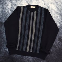 "Details: Vintage navy and blue striped crew neck grandad jumper by EWM. Made in the UK. Condition: Great Signs of wear: N/A Size: Small Measurements: Length - 26\" Pit to Pit - 21\" Shoulder to cuff - 24\"" Casual Winter Sweater With Vertical Stripes, Blue Crew Neck Sweater With Horizontal Stripes, Navy Casual Sweater With Contrast Stripes, Classic Striped Crew Neck Sweater, Vintage Striped Crew Neck Sweater, Retro Striped Crew Neck Sweater, Striped Crew Neck Sweater With Ribbed Collar, Striped Sweater With Ribbed Collar And Crew Neck, Grandad Jumper