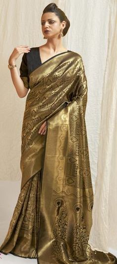 Gold color Saree in Art Silk, Silk fabric with Weaving work Gold Silk Saree, Silk Saree Blouse, Black Saree, Art Silk Sarees, Kanjivaram Sarees, Beautiful Color Combinations, Kanchipuram Saree, Brown Silk, Traditional Sarees