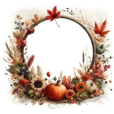 a wreath with autumn leaves and flowers around it