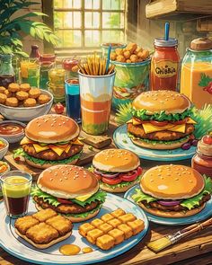 a table full of burgers, fries and drinks on plates with condiments