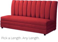 a red couch with the words pick a length any length