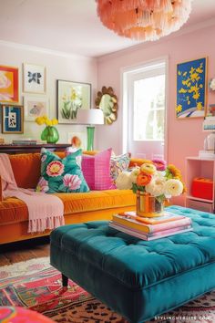 a living room filled with lots of colorful furniture and decor on top of a rug