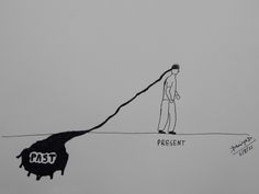 a drawing of a man walking across a tightrope with the word past on it