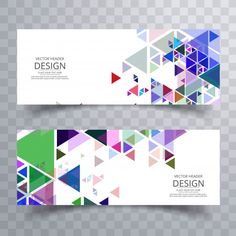 two banners with colorful geometric shapes on the back and side, one has a white background