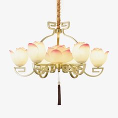 a chandelier with five lights hanging from it's center and four petals on the bottom