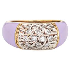 Stylish vintage lilac enamel & diamond ring (circa 1970s to 1980s) crafted in 18 karat yellow gold. Single cut diamonds total an estimated 0.20 carats (estimated at H-I color and SI1-2 clarity). The enamel is in very good condition and free of cracks or chips (the enamel was recently added to the band). With diamonds set to the center and pastel lilac enamel shoulders, the band is great worn alone or stacked with your fine jewelry from any era. The low rise band (5mm - 0.19 inches) sits comforta Lilac Ring, Band With Diamonds, Vintage Lilac, Vintage Fine Jewelry, Charm Rings, Vintage Band, Love Ring, Gold Jewelry Fashion, Ring Vintage