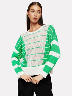 A blend of delicacy, wearability and breathability, the Stripe sweater is a relaxed-fit Summer knit, finished in Pointelle fabric. With classic, contrasting stripe, and block detail, wear with wide-leg trousers, or your favourite denim for a casual yet elevated look. Relaxed fit Round neckline Pointelle finish Colourblock Stripe detail 70% cotton | 20% nylon | 10% silk Machine wash Gabriella is 5'9 and wears a size M Machine washable at 30°C Wash on a delicate wash and short spin cycle Use non-bio detergent Do not tumble dry Iron on low heat Dry flat, do not hang to dry Spring Knit Sweater With Striped Hem, Striped Sweater For Spring Layering, Knit Long Sleeve Tops With Striped Hem, Spring Sweater With Contrast Stripes, Spring Knit Sweater With Contrast Stripes, Knit Sweater With Contrast Stripes For Spring, Casual Spring Sweater With Striped Hem, Contrast Stripes Sweater For Layering, Knit Sweater With Contrast Stripes