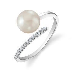 This exquisite pearl ring features an 8.0-8.5mm AA+ quality Japanese Akoya pearl , hand-picked for it's incredible luster and overtones. This ring is mounted on a pavé-set diamonds band on one side, contrasted by and a single band of the finest 14K gold on the other. Formal Pearl White Open Pearl Ring, Formal Pearl White Open Ring, Fine Jewelry Pearl Ring In Diamond White, Fine Jewelry Diamond White Pearl Rings, Pearl Ring With Diamond Accents, Formal Open Pearl Ring, Fine Jewelry Pearl Open Ring, Fine Jewelry Akoya Pearl Rings With Brilliant Cut, Pearl Rings With Brilliant Cut