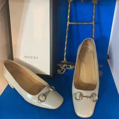 Super Preppy And Cool. Gucci Beige Leather Low Heels From The Early 1990's. The Have A Square Toe, Chunky Leather Heel And A Silver Tone Horse Bit Across The Toe Box. Vintage Condition. Gucci Silver Designer Heels, Gucci Silver Evening Heels, Gucci Silver Heels For Evening, Silver Gucci Heels For Evening, Silver Designer Gucci Heels, Designer Silver Gucci Heels, Formal Round Toe Heels With Horsebit Detail, Gucci Horsebit Heels For Office, Gucci Luxury Square Toe Heels