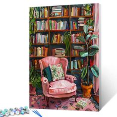 a painting of a pink chair in front of a bookshelf full of books