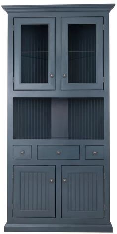 a blue china cabinet with two doors and drawers