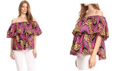 Sakkas Imani Colorful Wax African Ankara Dutch Off-shoulder Blouse Top Gorgeous Off Shoulder Ruffle Top, African Ankara, Ruffle Top, Modest Dresses, Blouse Top, On Off, Body Types, Ankara, Off Shoulder Blouse