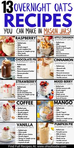 Text reads 13 Overnight Oats Recipes You Can Make in Mason Jars! Mason Jar Overnight Oats, Overnight Oat Recipes, Raspberry Overnight Oats, Cinnamon Overnight Oats, Overnight Oats Recipe Easy, Best Overnight Oats Recipe, Overnight Oats In A Jar, Overnight Oats Recipes, Kiat Diet