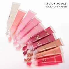 Juicy Tubes shiny lip gloss with ultra-high shine and 4-hours of lasting hydration. You asked, we listened. The original & iconic Juicy Tubes are back! WHAT IT DOES Press. Shine. Repeat. Every press of the tube tip applicator delivers ultra-glossy shine and the perfect amount of sticky texture you’ll want to apply on repeat. Juicy Tubes shiny lip gloss leaves lips feeling lusciously juicy and cushioned with 4-hours of lasting hydration. Discover our cult favorites in yummy flavors and 3 finishes. The glossier, the better! | Lancôme Juicy Tubes Lip Gloss | Shade: 09 Hallucination (Sparkle) | Wedding Makeup Makeup Products Lip Gloss, Lipgloss Tubes Design, Pink Lip Gloss For Dark Skin, Lipglosses Aesthetic, Vs Lip Gloss, Barbie Lip Gloss, Tube Lip Gloss, Juicy Tubes, Shiny Lip Gloss