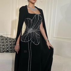 Arabic Black Mermaid Elegant Cape Sleeves Beaded Satin Luxury Dubai Evening Dresses Gowns For Women Party Gowns For Women Party, Dubai Evening, Elegant Cape, Gowns For Women, Black Mermaid, Glamorous Party, Satin Evening Dresses, Elegant Drapes, Cape Sleeves