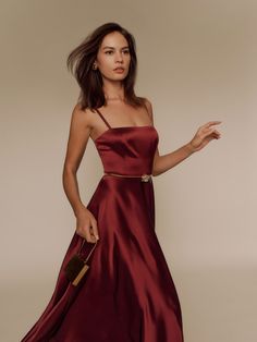 Romance for one. Shop the Gracen Satin Dress from Reformation, a sleeveless midi dress with a square neckline, fitted bust, and flared skirt. Sleeveless Midi Dress, Flowing Skirt, Satin Midi Dress, New Tops, Flared Skirt, Midi Dress Sleeveless, Satin Dress, Fitted Bodice, Square Neckline