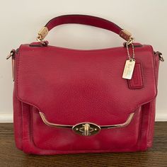 Coach Red Leather Handbag With Long Shoulder Strap That’s Adjustable And Beautiful Gold Accents. I’m Good Condition. Red Top Handle Flap Bag With Detachable Handle, Burgundy Satchel Shoulder Bag With Gold-tone Hardware, Red Flap Bag With Detachable Handle For Travel, Classic Red Flap Bag For Shopping, Burgundy Satchel With Gold-tone Hardware, Burgundy Top Handle Shoulder Bag With Branded Hardware, Elegant Red Tote Flap Bag, Coach Red Satchel With Detachable Handle, Red Rectangular Satchel With Branded Hardware