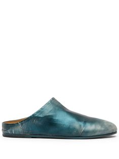 blue calf leather distressed finish branded footbed round toe flat sole slip-on style Blue Slip-on Loafers With Rubber Sole, Calf Leather Slip-on Flats With Stitched Sole, Blue Closed Toe Loafers With Rubber Sole, Leather Footbed Slip-on Slippers With Plain Toe, Leather Footbed Slip-on Slippers, Blue Slip-on Slippers With Rubber Sole, Blue Leather Clogs With Leather Footbed, Blue Slip-ons With Textured Sole And Round Toe, Blue Leather Mules With Leather Sole