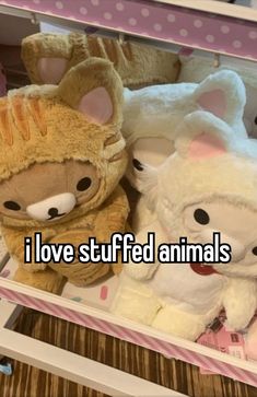 two stuffed animals sitting next to each other on a shelf with the words i love stuffed animals