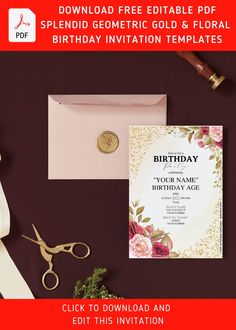 a birthday party is on the table with flowers and scissors, including a pink envelope