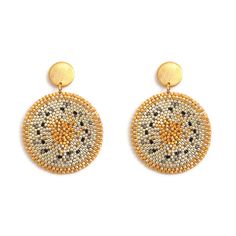 Handcrafted with colorful miyuki beads that are woven together to create a lively mandala pattern. Product details: Miyuki beads 100% authentic Handcrafted in our studio in NYC 24k gold plated bronze and hypoallergenic posts. Dimensions: 1.58 in - 40 mm Weight: 0.02 oz Gold Woven Round Beads Jewelry, Bohemian Gold Beaded Circle Earrings, Bohemian Silver Earrings With Gold Beads, Gold Beaded Festival Earrings, Gold Woven Jewelry As A Gift, Gold Woven Jewelry Gift, Gold Woven Jewelry For Gift, Traditional Gold Earrings With Tiny Beads, Gold Beaded Round Earrings