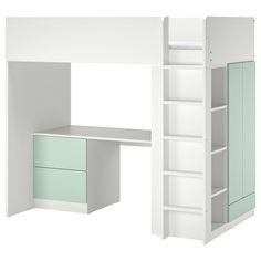 a white loft bed with a desk and bookcases on it's sides