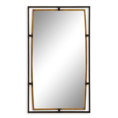 a rectangular mirror with metal frame and gold trimmings on the edges, against a white background