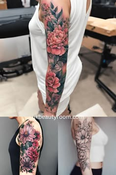 the woman is showing off her beautiful flowers tattoo on her arm and half - sleeve