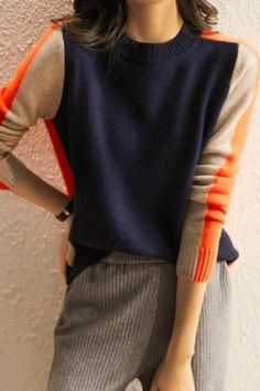 Round Neck Navy and Orange Retro Stripe Sweater Sporty Winter Color Block Sweater, Sporty Color Block Sweater For Winter, Blue Winter Sweater With Contrast Color, Casual Sweater With Contrast Color, Trendy Navy Sweater For Fall, Casual Multicolor Workwear Sweater, Casual Orange Tops With Contrast Color, Casual Color Block Sweater For Work, Fall Gray Color Block Sweater