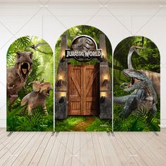 an image of dinosaurs in the jungle with a wooden door and entrance to another world