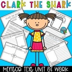 a girl standing in front of some papers with the words clark the shark on it