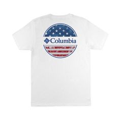 A Circular Logo Graphic At The Front Brings A Cool Finish This Lightweight Crewneck From Columbia. White Short Sleeve T-shirt With Flag Print, White Crew Neck T-shirt With Flag Print, Casual White Tops Made In Usa, White Summer T-shirt Made In Usa, White Graphic Tee With Flag Print, White Short Sleeve Tops Made In Usa, White Cotton Shirt Made In Usa, White Graphic Tee Made In Usa, Circular Logo