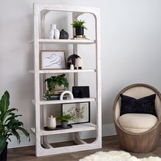 a room with a chair, potted plant and other items on the shelving