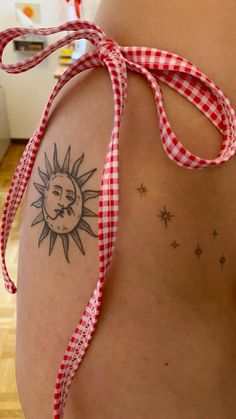 Hip Tattoos Women Sun And Moon, Moon And Stars Hip Tattoo, Tattoos On Upper Thigh, Sun And Moon Hip Tattoo, Sun Tattoo Hip, Sun Hip Tattoo, Astro Nails, Moon Hip Tattoo, Sun Moon Star Tattoo