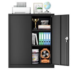 an open cabinet with books, papers and other items in it on a white background