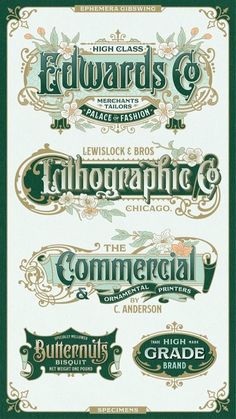 an old fashioned poster with different types of font and numbers on the front, in green