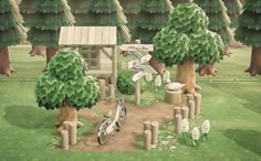 an animated image of a park with trees and a bike parked in the dirt near a small hut