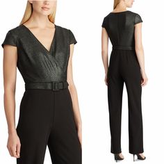 Size: 2 Bust: 33-35" Waist: 27" Inseam: 32.5" Concealed Center Back Zipper With A Hook-And-Eye Closure Surplice Neckline Short Sleeves Bust And Back Waist Darts Comes With A Buckled Self-Belt Lined At The Bodice Jumpsuit Silhouette Intended To Hit At The Floor Imported Product Specifications Has An 11.75" Rise, A 32.5" Inseam Bodice, Belt, And Lining: Polyester; Pant: Polyester, Elastane Dry Clean Gray Fitted V-neck Jumpsuits And Rompers, Evening Jumpsuit, Ralph Lauren Pants, Surplice Neckline, The Floor, Lauren Ralph Lauren, Black Gray, Pant Jumpsuit, Jumpsuit Romper