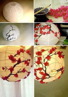 four pictures showing how to make a paper lantern with flowers and branches on it, along with instructions for making the lanterns