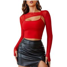 Material: Crafted From Sheer Mesh Fabric, This Long Sleeve Crop Top Exudes Allure And Sexiness. On The Other Hand, The Cami Top Is Designed With A Thick And Durable Fabric To Ensure It Is Not Easily See-Through Or Revealing. Both Tops Are Stretchy, Soft, Lightweight, And Breathable, Providing Ultimate Comfort. Two Piece Crop Top Outfitsfashionable And Trendy, This 2-Piece Clubwear Set Features A Solid Crop Top And A Cami Top. The Mesh Sheer Design Adds A Touch Of Allure, While The Long Sleeves W Sheer Mesh Cami Top For Party, Sheer Spaghetti Strap Tops For Party, Fitted Red Mesh Top For Spring, Red Mesh Top For Spring, Elegant Red Crop Top For Spring, Elegant Red Summer Crop Top, Elegant Red Spring Crop Top, Elegant Red Spaghetti Strap Top, Red Summer Evening Crop Top